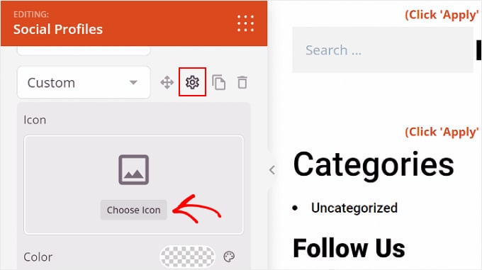 Clicking the Choose Icon for the custom social media button on SeedProd Clicking the Choose Icon for the custom social media button on SeedProd