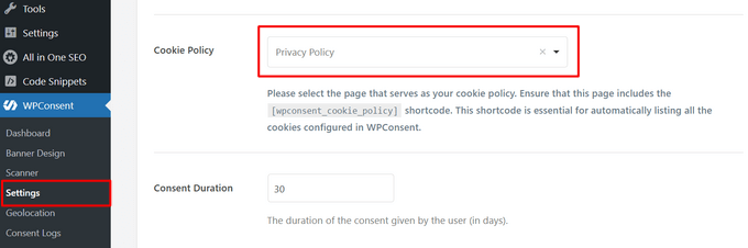 Select cookie policy page