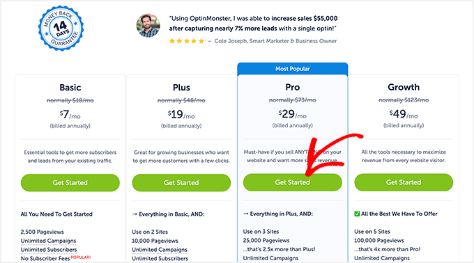 OptinMonster pricing page OptinMonster pricing plans