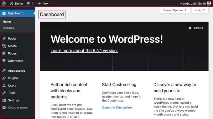 Areas of the WordPress Dashboard Areas of the WordPress Dashboard