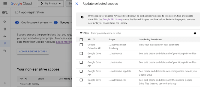 Adding scopes and APIs to a Google Cloud Console project Adding scopes and APIs to a Google Cloud Console project