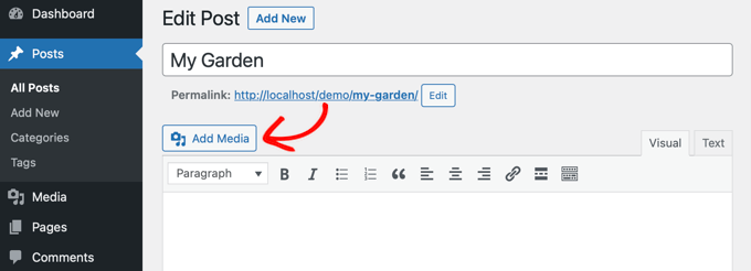 Click 'Add Media' in the classic editor to add an image to your post Click 'Add Media' in the classic editor to add an image to your post