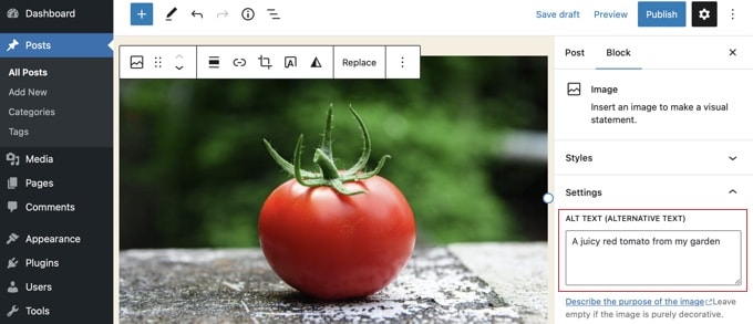 Adding alt text to an image in the WordPress block editor Adding alt text to an image in the WordPress block editor