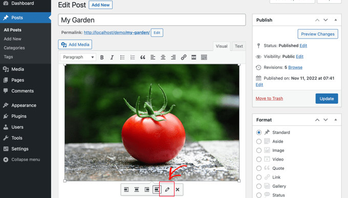 Editing an image in the WordPress classic editor Editing an image in the WordPress classic editor