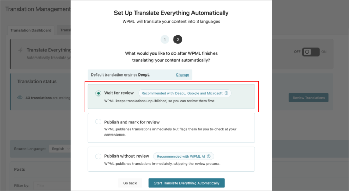 WPML set automatic translation step 2