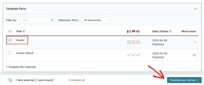 WPML template parts tab translate your content