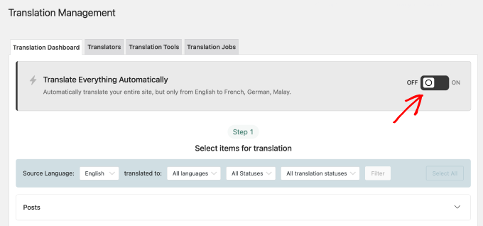 WPML translation management automatic translation button
