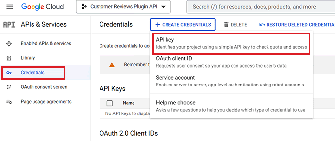 Choose API key option from the dropdown menu Choose API key option from the dropdown menu