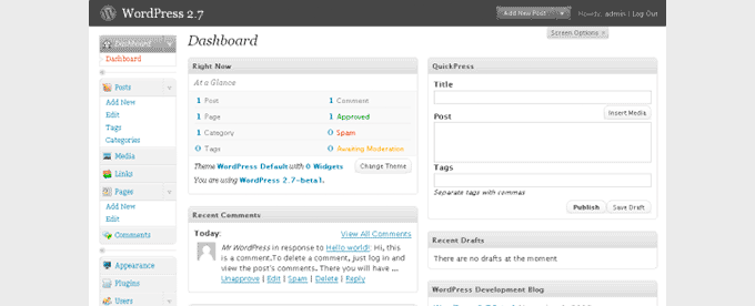 WordPress 2.7 Dashboard WordPress 2.7 Dashboard