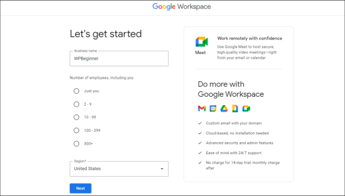 Choose users Enter a name for your business in workspace
