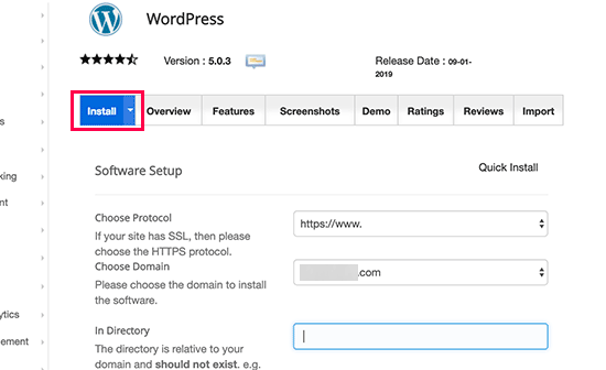 Click on the install tab to continue installing WordPress using Softaculous Click on the install tab to continue installing WordPress using Softaculous
