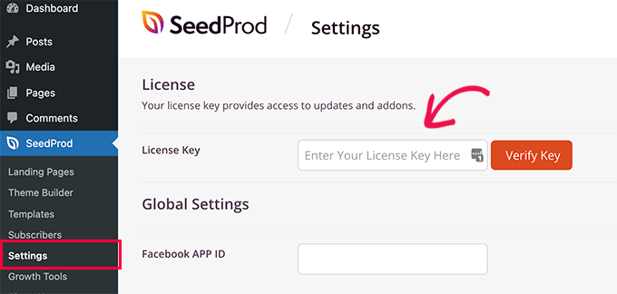 Enter your SeedProd license key Enter your SeedProd license key