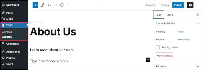WordPress page editor screen WordPress page editor screen
