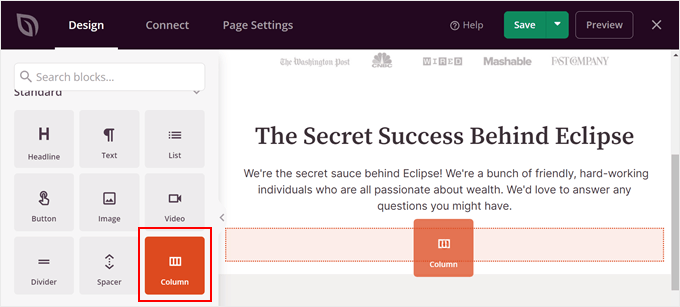 6 Tips to Run a Successful Viral Giveaway Like WPBeginner (Behind the Scenes) Choosing the SeedProd column block