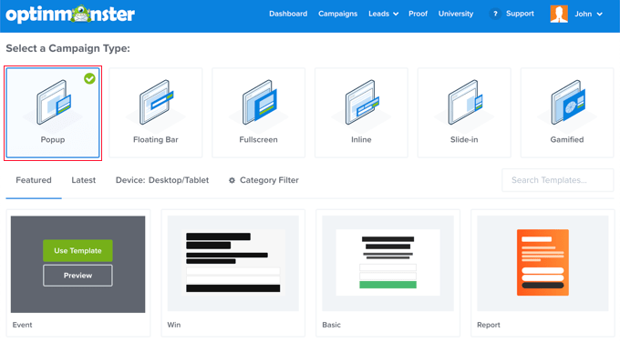 emailnewsoptinmonsterselectacampaigntype Choose Optin Type and Template