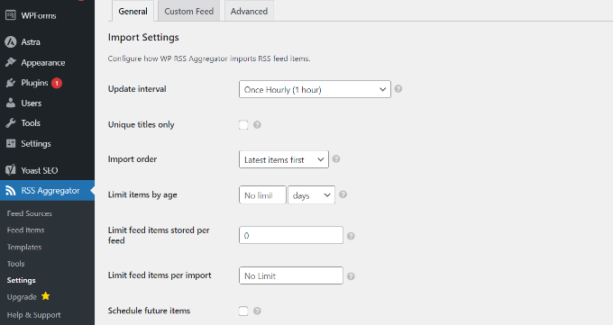 WP RSS Aggregator Settings RSS aggregator settings
