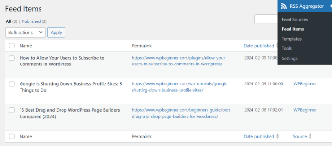 WP RSS Aggregator Feed Items in WordPress Dashboard View feed items