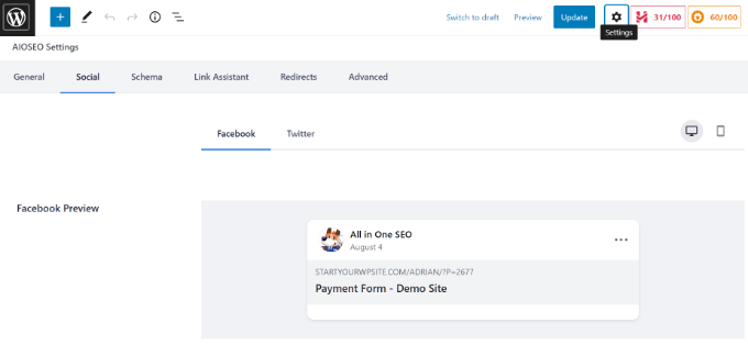 AIOSEO Facebook preview Add social image in content editor