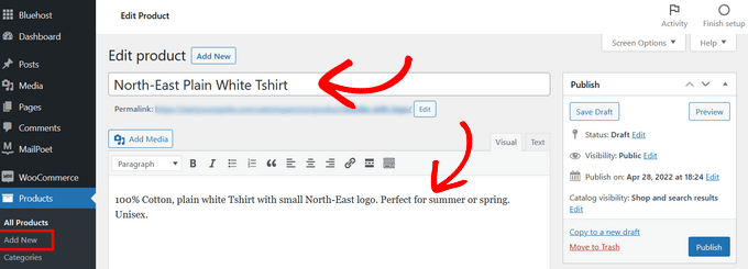 edit-product-woocommerce add product name and description
