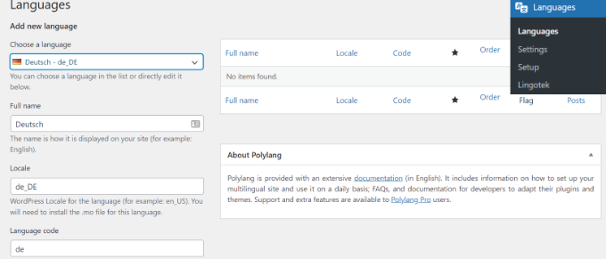 Adding languages Polylang settings