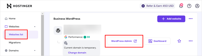 Logging in to WordPress from Hostinger