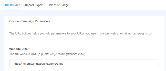 The MonsterInsights URL builder tool Enter website URL