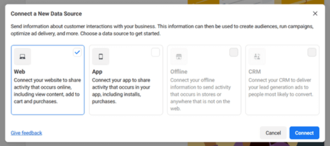 Facebook data source Connect new data source
