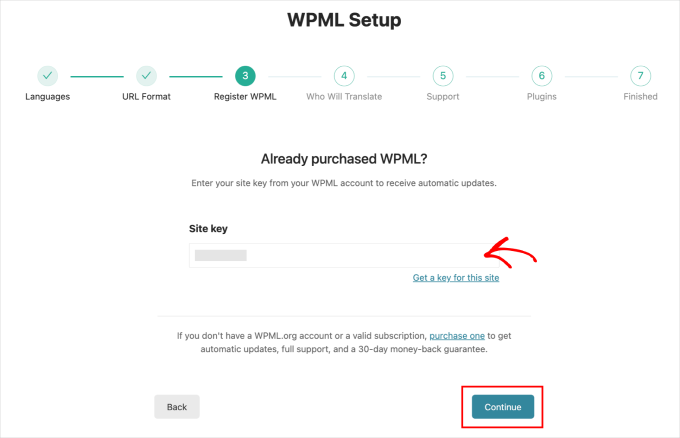 WPML setup register wpml page