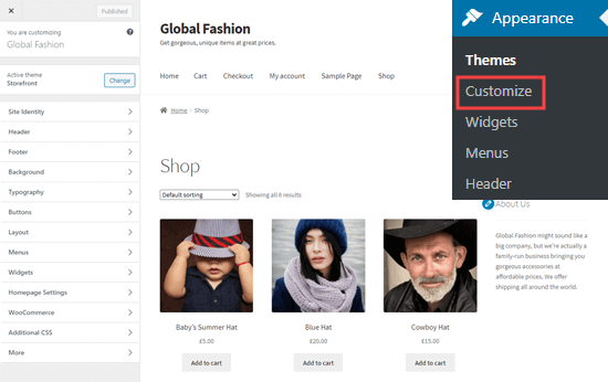 The WordPress theme customizer, showing the main shop page The WordPress theme customizer, showing the main shop page