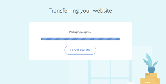 The screen shown while the Bluehost transfer is in progress The screen shown while the Bluehost transfer is in progress