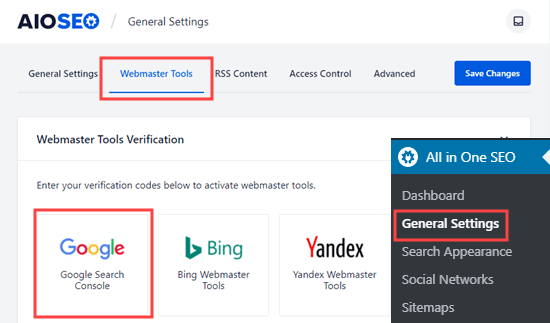The Webmaster Tools page in All in One SEO, to select Google Search Console The Webmaster Tools page in All in One SEO, to select Google Search Console