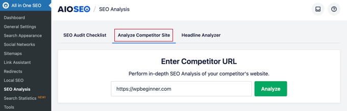 AIOSEO Analyze Competitor Site Competitor analysis in AIOSEO for WordPress
