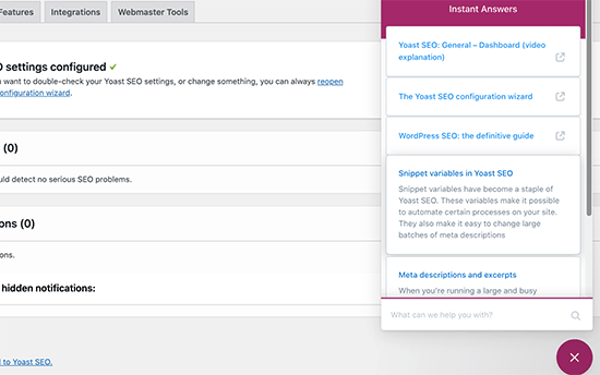 On screen help for Yoast SEO settings On screen help for Yoast SEO settings