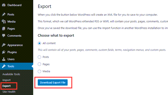 The built-in WordPress export tool Downloading a file of your WordPress site's contents before restarting it