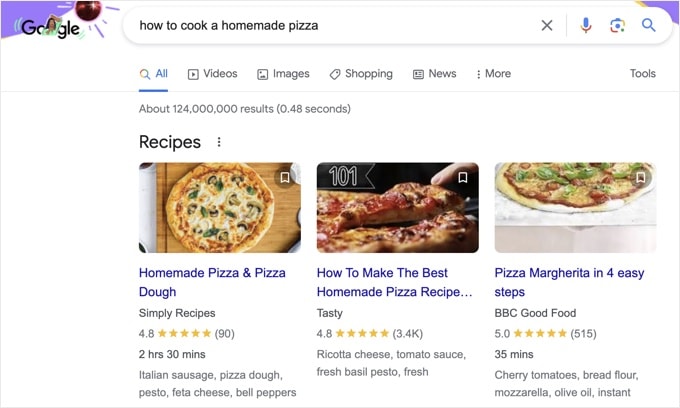 Recipe snippet in Google Recipe snippet in Google