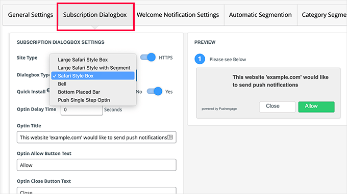 PushEngage dialog box settings PushEngage dialog box settings