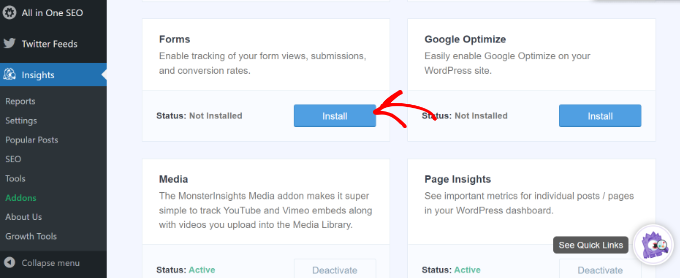 Installing the Forms addon for MonsterInsights Install forms addon