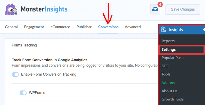 Form conversion settings MonsterInsights settings - conversions tab