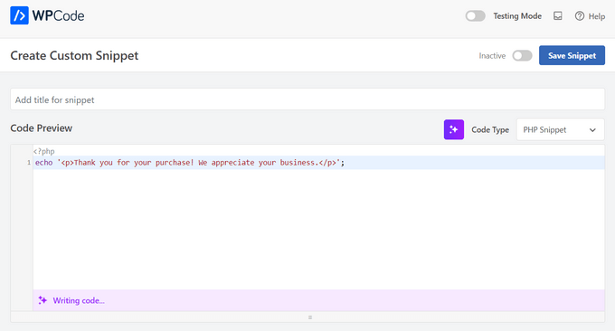 WPCode AI will automatically write the code WPCode AI will automatically write the code