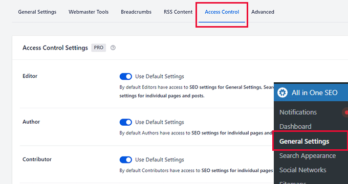 Access control settings Access control settings