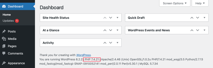 PHP version in WordPress admin dashboard PHP version in WordPress admin dashboard