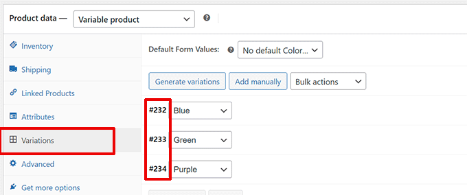 Product variation ID Product variation ID