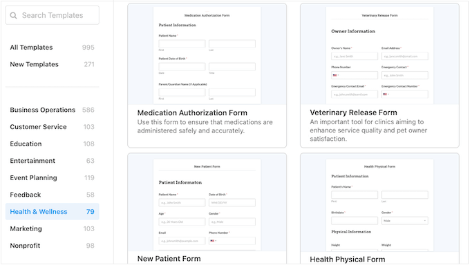 The WPForms template library The WPForms template library