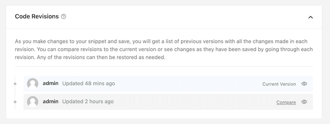 An example of a revision log, created using WPCode An example of a revision log, created using WPCode