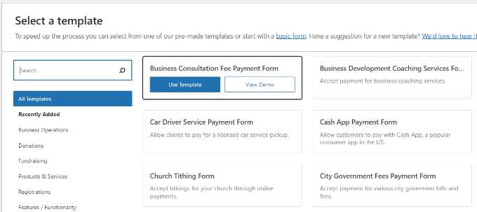 Choose a payment form template Choose a payment form template