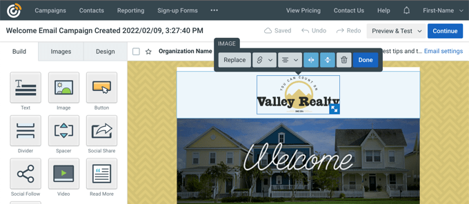 Editing an email newsletter layout in a drag and drop editor Editing an email newsletter layout in a drag and drop editor