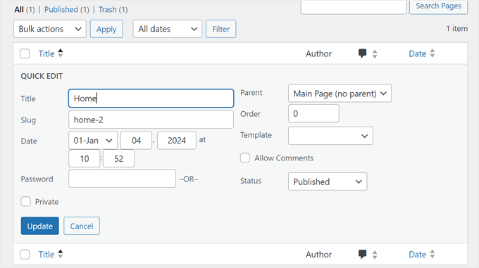 The Quick Edit feature for WordPress pages The Quick Edit feature for WordPress pages