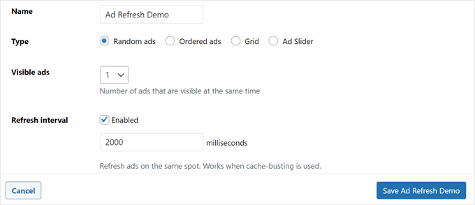 The ad group settings to create a random ad group with Advanced Ads The ad group settings to create a random ad group with Advanced Ads