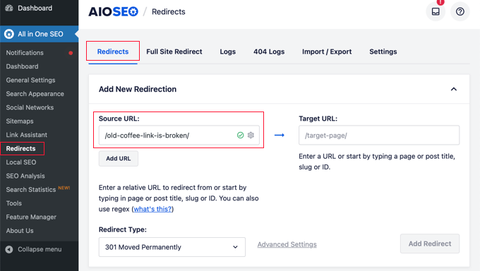 Click Site Icon button Enter a Source URL in AIOSEO Redirection Manager