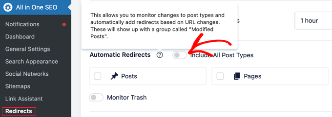 Select the Donate button type Enabling Automatic Redirects With AIOSEO